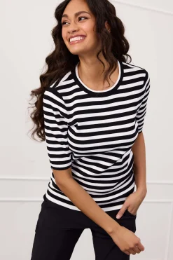 Luna stripe short slv pullover - black/off white