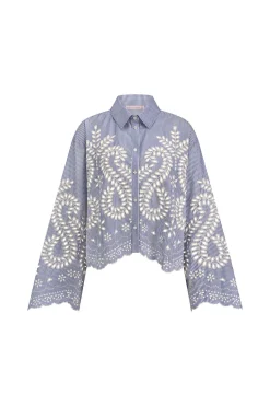 Midge border embroidery blouse - light blue/ecru